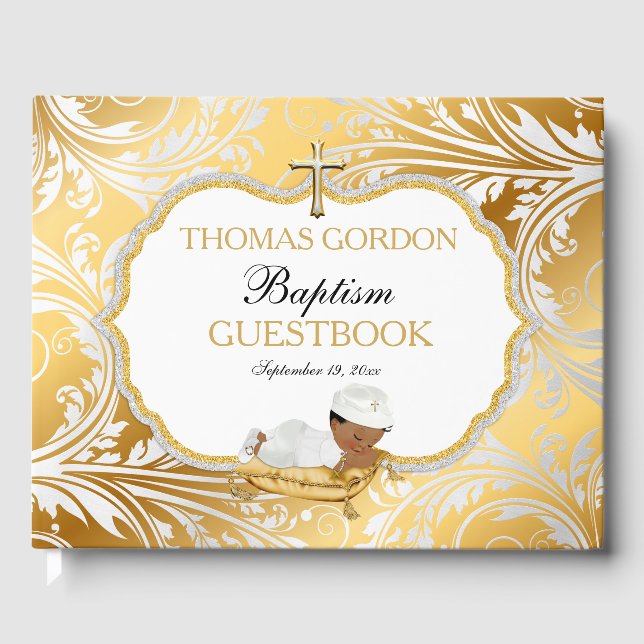 Ethnic Baby Boy Baptism Gold Cross Guest Book (Front)
