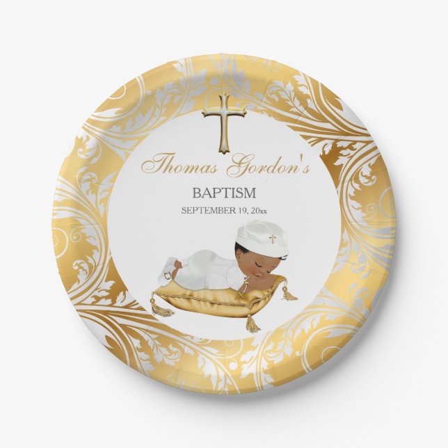 Ethnic Baby Boy Christening Baptism Gold Silver Paper Plate (Front)