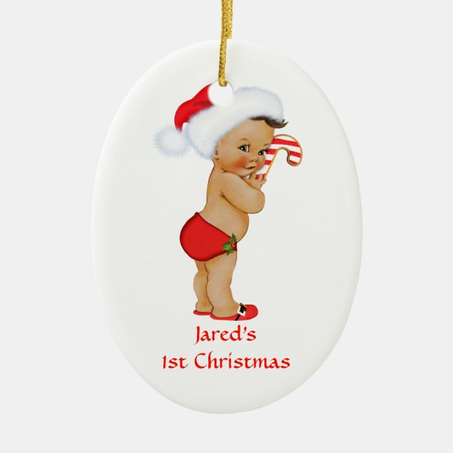 Ethnic Baby Boy First Christmas Red Santa Hat Ceramic Tree Decoration (Front)