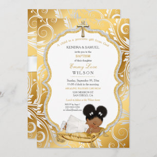 Ethnic Baby Girl Baptism Christening Gold Cross Invitation