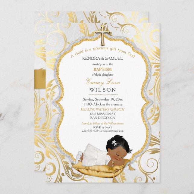 Ethnic Baby Girl Baptism Christening Gold Cross Invitation (Front/Back)