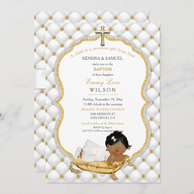 Ethnic Baby Girl Baptism Christening Gold Cross Invitation (Front/Back)