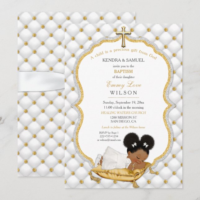 Ethnic Baby Girl Baptism Christening Gold Cross Invitation (Front/Back)