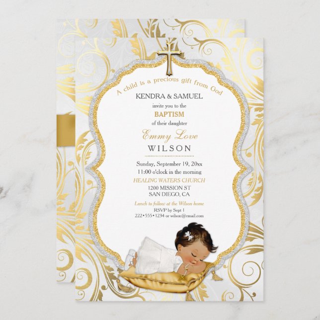 Ethnic Baby Girl Baptism Christening Gold Cross Invitation (Front/Back)