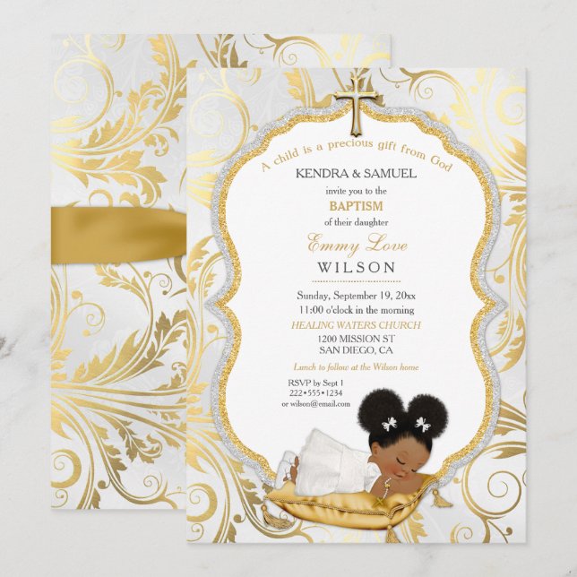 Ethnic Baby Girl Baptism Christening Gold Cross Invitation (Front/Back)