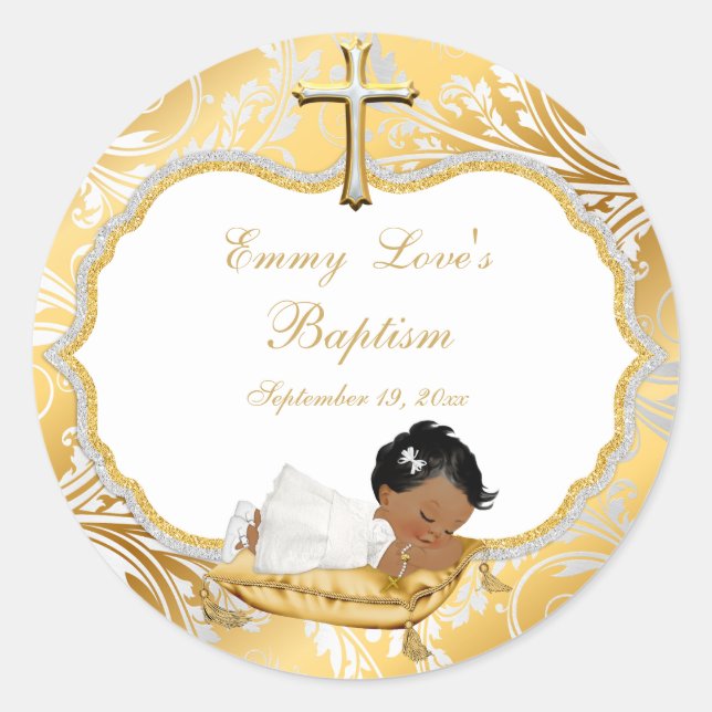 Ethnic Baby Girl Baptism Gold Cross Classic Round Sticker (Front)