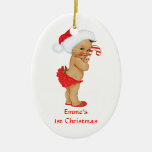 Ethnic Baby Girl First Christmas Red Santa Ceramic Ornament