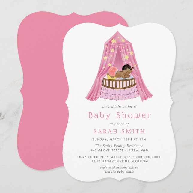 Ethnic Baby Girl Pink Crib Bassinet Baby Shower Invitation (Front/Back)