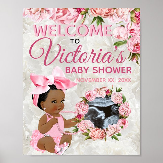 Ethnic Baby Girl Pink Peony Photo Baby Shower Poster (Front)