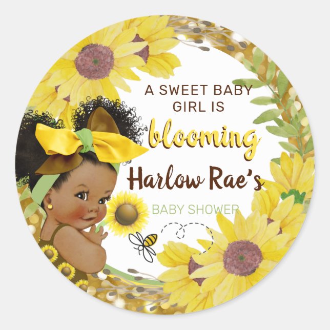 Ethnic Baby Girl | Yellow Sunflower Gold Glitter Classic Round Sticker (Front)