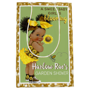 Ethnic Baby Girl   Yellow Sunflower Gold Glitter Medium Gift Bag