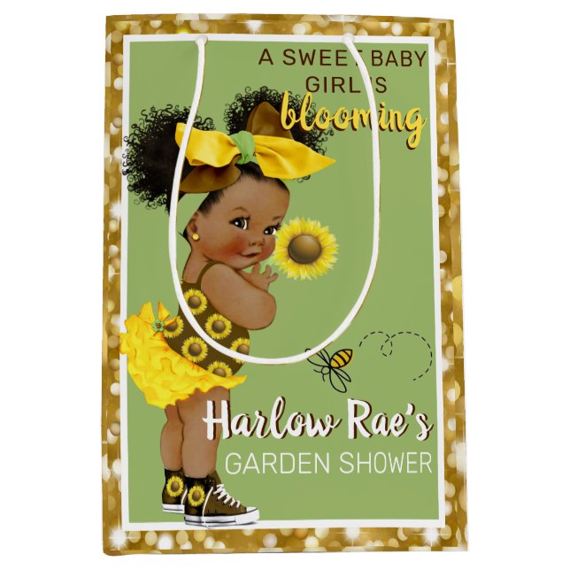 Ethnic Baby Girl | Yellow Sunflower Gold Glitter Medium Gift Bag (Front)