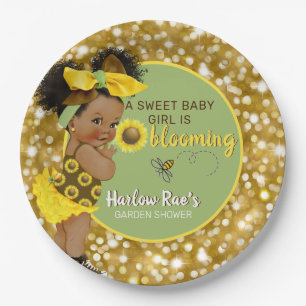 Ethnic Baby Girl   Yellow Sunflower Gold Glitter Paper Plate