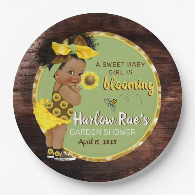 Ethnic Baby Girl | Yellow Sunflower Rustic  Paper Plate (Front)