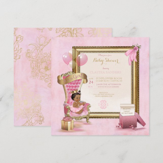 Ethnic Baby Princess Crown Gold Pink Royal Invitation (Front/Back)