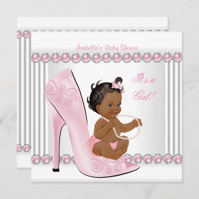 Ethnic Baby Shower Girl Pink Pearl High Heel Shoes Invitation (Front/Back)