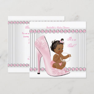 Ethnic Baby Shower Girl Pink Pearl High Heel Shoes Invitation