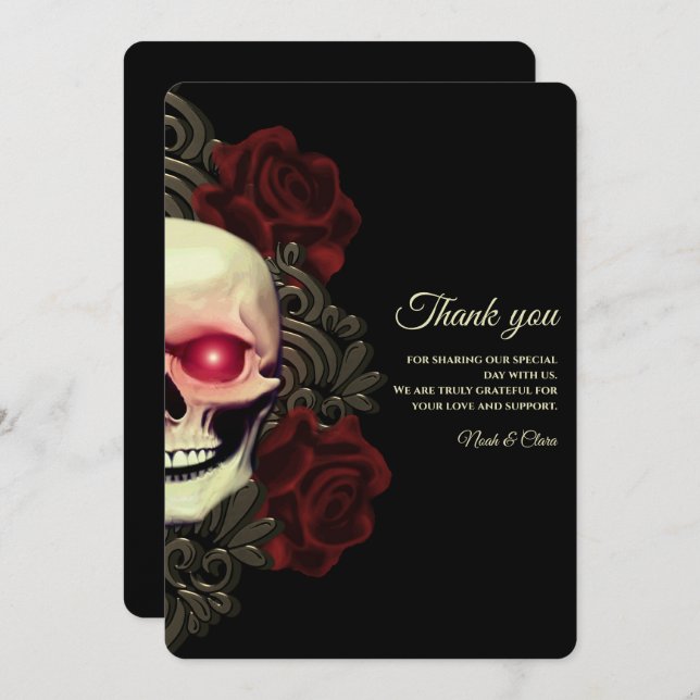 Ethnic Black floral dark gothic skull Halloween Thank You Card (Front/Back)