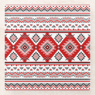 Ethnic black white red, Ukrainian motifs. Glass Coaster