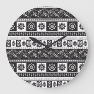 Ethnic Black White: Timeless Pattern Large Clock