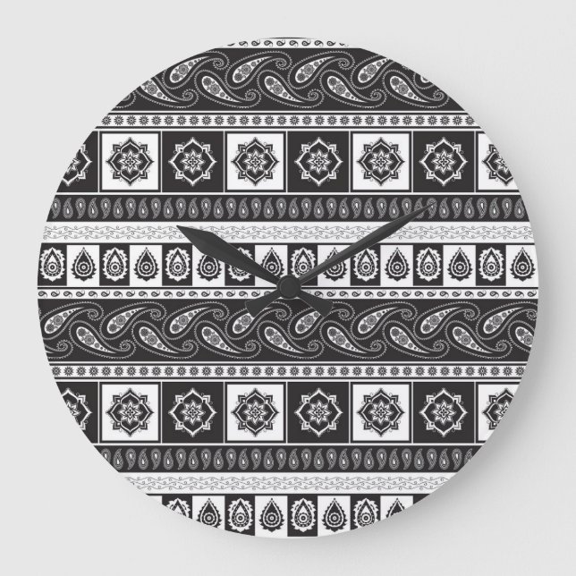 Ethnic Black White: Timeless Pattern Large Clock (Front)
