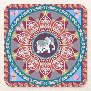 Ethnic blanket, mandala, paisley border. square paper coaster