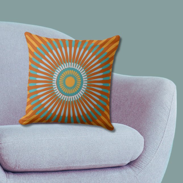 Ethnic Blue and Orange Centred Star Flower Cushion (Ethnic Blue and Orange Centered Star Flower Throw Pillow)