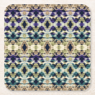 Ethnic blue, beige ikat square paper coaster