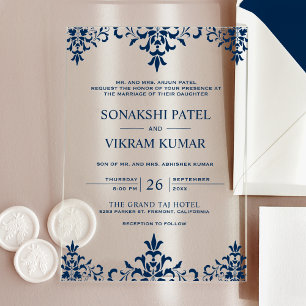 Ethnic Blue Damask Indian Wedding Acrylic Invitations