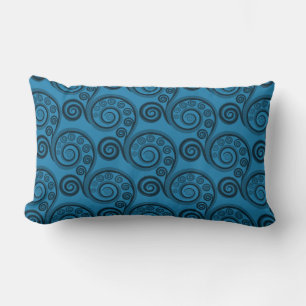 Ethnic Blue Fern Frond Swirls Lumbar Pillow