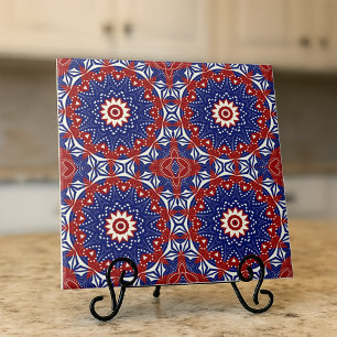 Ethnic Blue Red White Mosaic Geometric Pattern Ceramic Tile
