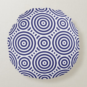 Ethnic Blue & White Geometric Circle Pattern Round Cushion