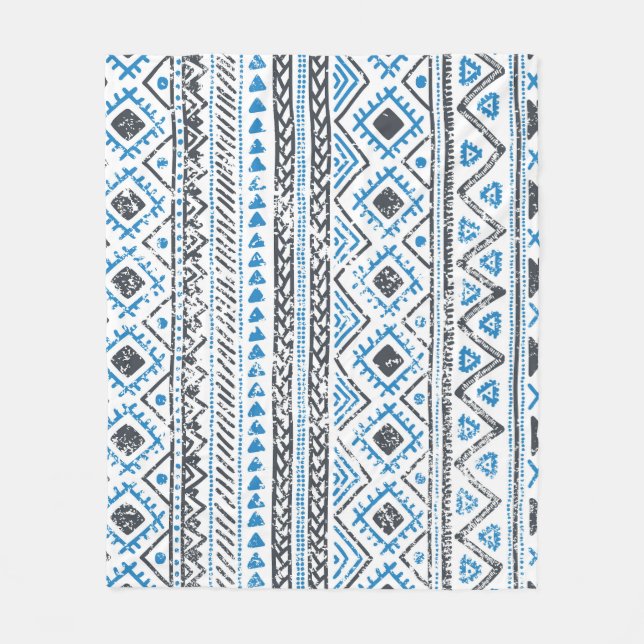 Ethnic blue, white seamless background. fleece blanket (Front)
