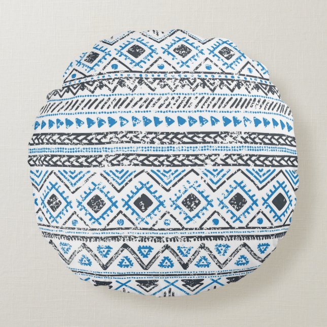 Ethnic blue, white seamless background. round cushion (Front)
