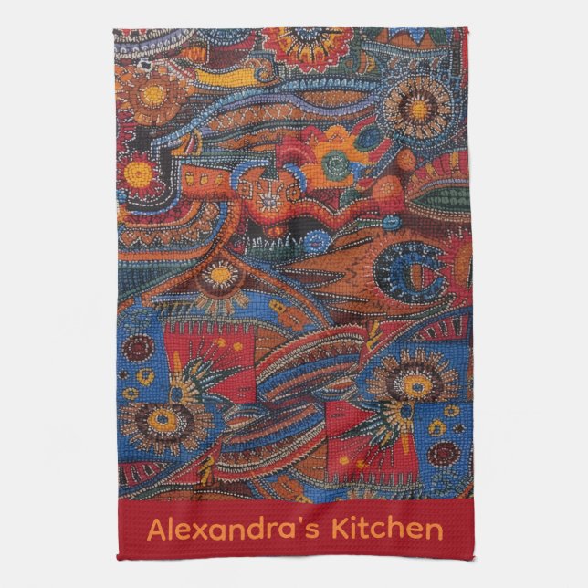 Ethnic Boho Colorful Pattern Red Blue & Gold Tea Towel (Vertical)