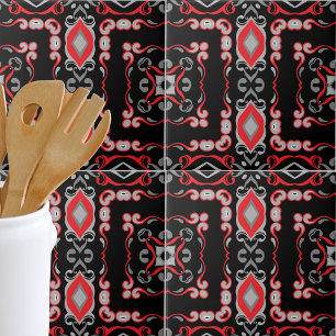 Ethnic Boho Folk Art Black Red And Grey Pattern Ceramic Tile
