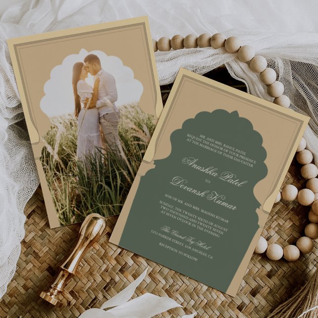 Ethnic Boho Indian Ivory Arch Sage Green Wedding Invitation (Creator Uploaded)