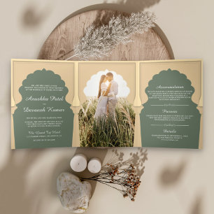 Ethnic Boho Indian Ivory Sage Green Arch Wedding Tri-Fold Invitation