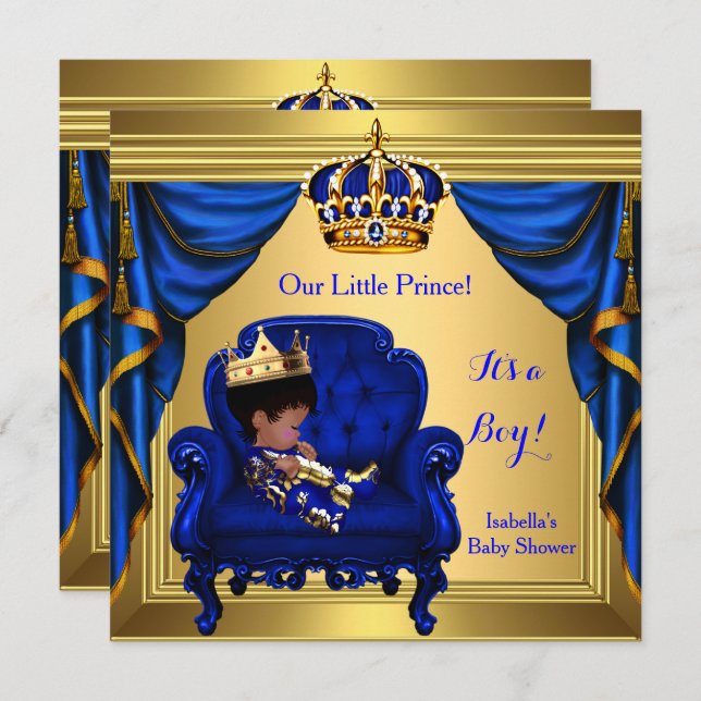 Ethnic Boy Baby Shower Prince Royal Blue Gold Invitation (Front/Back)