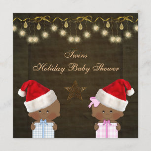 Ethnic Boy & Girl Twins Christmas Baby Shower Invitation