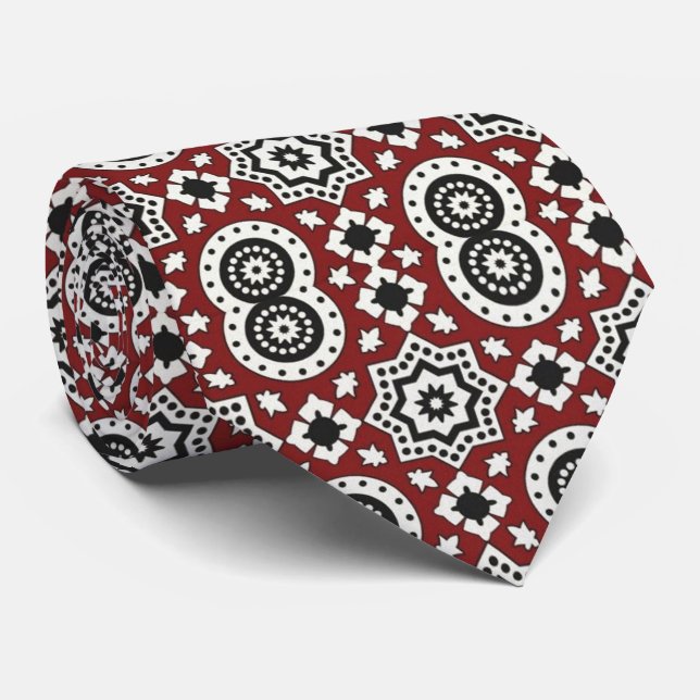 Ethnic Burgundy Sindhi Ajrak Tribal Pattern  Tie (Rolled)