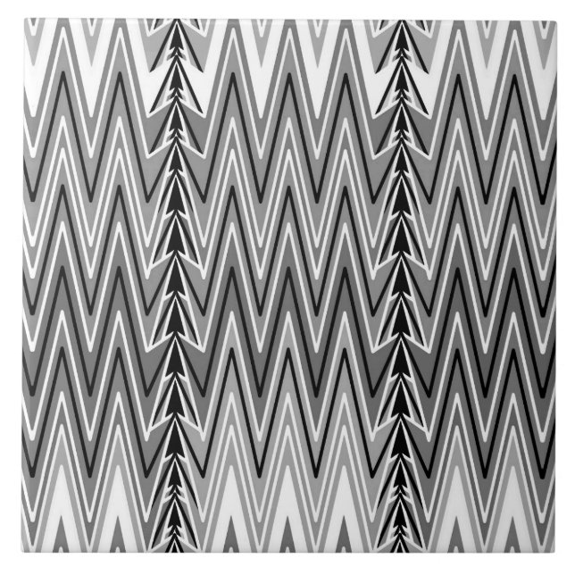 Ethnic Chevron Damask, Grey, Black and White Ceramic Tile (Front)