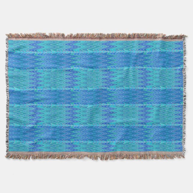 Ethnic Chevron Damask, Turquoise and Blue Throw Blanket (Front)