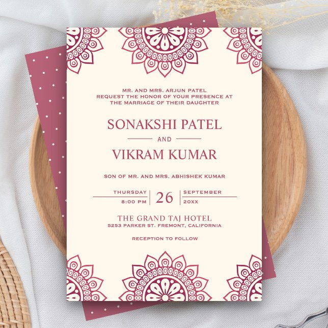 Ethnic Cream and Pink Mandala Indian Wedding Invitation (Creator Uploaded)