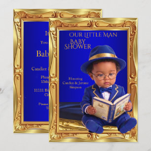 Ethnic Cute Little Man Baby Shower Gold Blue Book Invitation