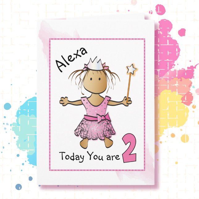 Ethnic Cute Princess Cartoon Pink 2nd Birthday  Card (Creator Uploaded)