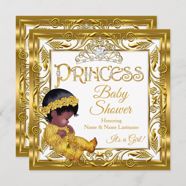 Ethnic Dark Golden Princess Baby Shower Gold White Invitation (Front/Back)