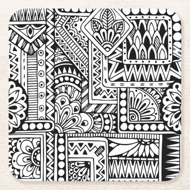 Ethnic Doodle Square Paper Coaster (Front)