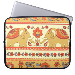 Ethnic elephants, flowers, seamless pattern. laptop sleeve