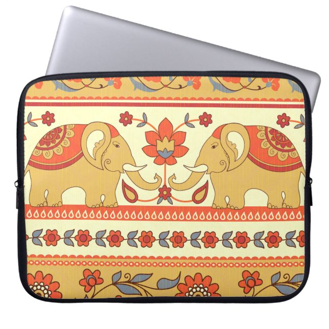 Ethnic elephants, flowers, seamless pattern. laptop sleeve (Front)
